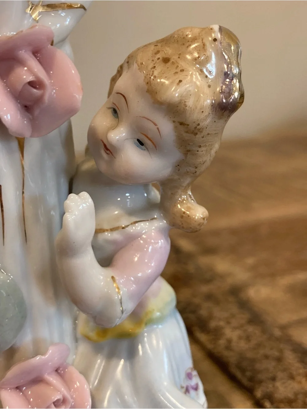 Pair of Boy & Girl Floral Mantel Vases in White & Gold Roses